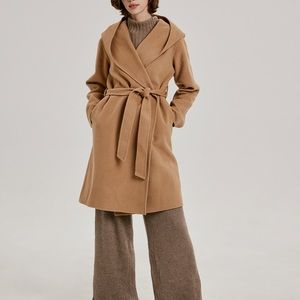 Hooded Wrap Wool Coat, Size M